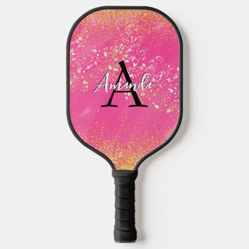 Monogram Hot Pink Glitter Add Your Name  Initial Pickleball Paddle