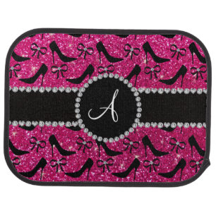 Monogram hot pink glitter black high heels bow car mat