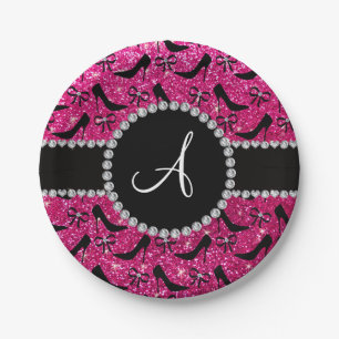 Monogram hot pink glitter black high heels bow paper plates