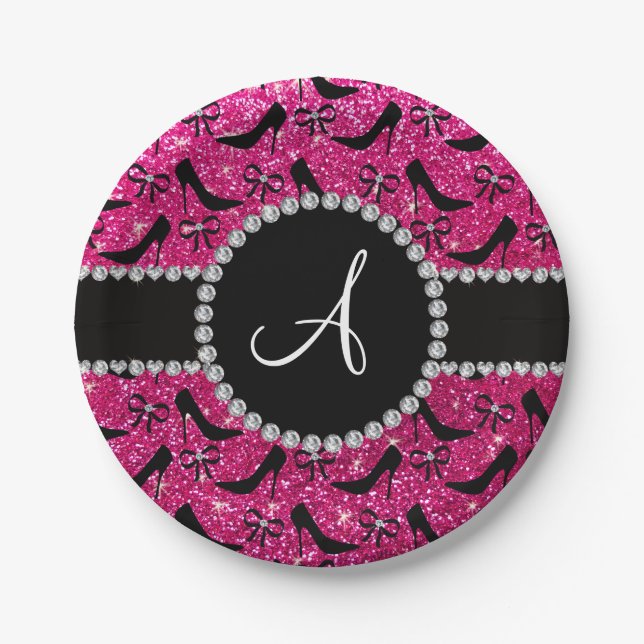 Monogram hot pink glitter black high heels bow paper plates (Front)