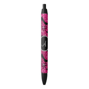 Monogram hot pink glitter black high heels bow pen