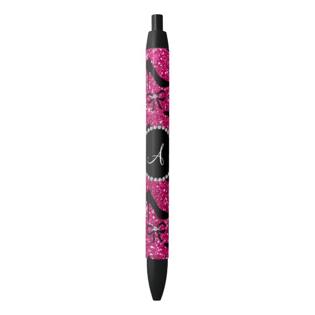 Monogram hot pink glitter black high heels bow pen (Front Vertical)