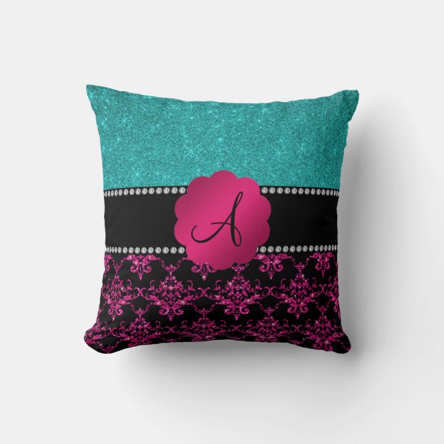Monogram hot pink glitter damask turquoise glitter throw pillow (Front)