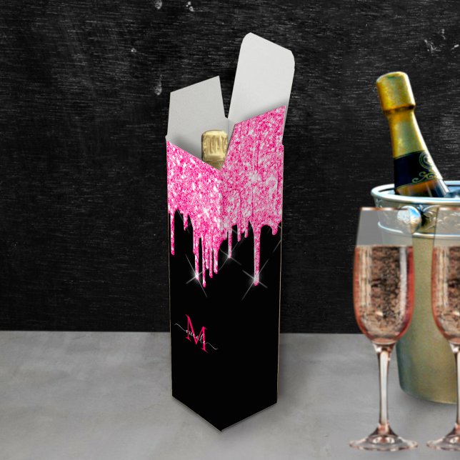 Monogram Hot Pink Glitter Drip Black Wine Gift Box (Creator Uploaded)