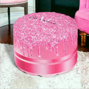 Monogram Hot Pink Glitter Drips Ottoman Pouf Pod