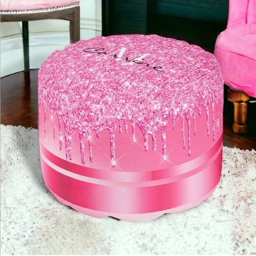 Monogram Hot Pink Glitter Drips Ottoman Pouf Pod