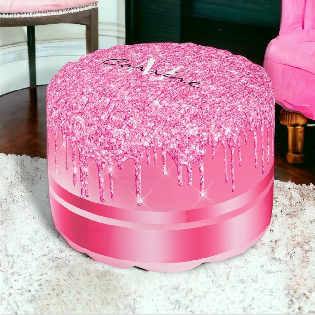 Monogram Hot Pink Glitter Drips Ottoman Pouf Pod (Creator Uploaded)