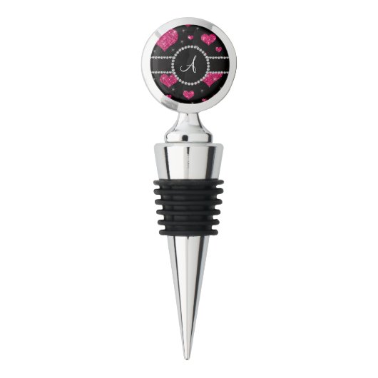 Monogram hot pink glitter hearts black diamonds wine stopper (Front)