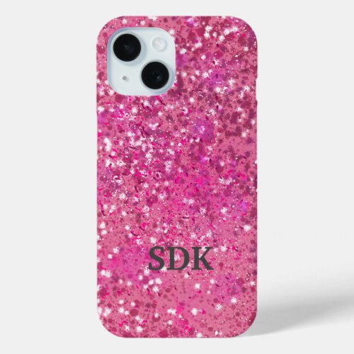 Monogram Hot Pink Glitter Sparkle Girly Glam Trend iPhone 15 Case