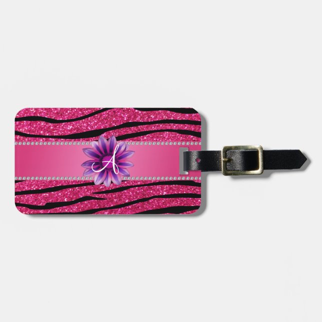 Monogram hot pink glitter zebra stripes daisy luggage tag (Front Horizontal)