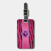 Monogram hot pink glitter zebra stripes daisy luggage tag (Front Vertical)