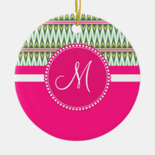 Monogram Hot Pink Green Aztec Andes Tribal Zig Zag Ceramic Ornament