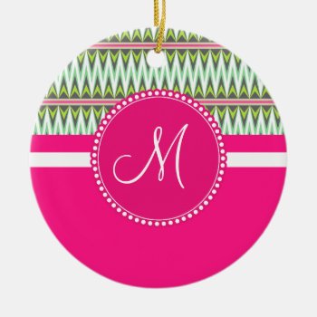 Monogram Hot Pink Green Aztec Andes Tribal Zig Zag Ceramic Ornament by PrettyPatternsGifts at Zazzle