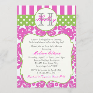 Monogram Hot Pink Green Baby Shower Invitation