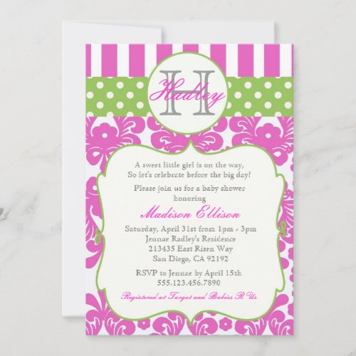 Monogram Hot Pink Green Baby Shower Invitation