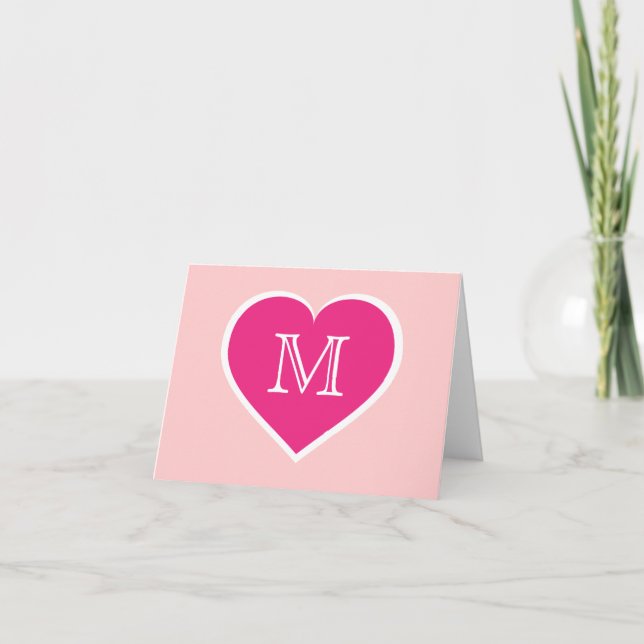 Monogram hot pink heart - blank inside note card (Front)
