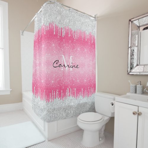 Monogram Hot Pink Ombre Glitter Silver Icing Drip Shower Curtain