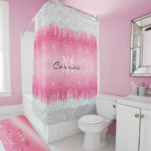 Monogram Hot Pink Ombre Glitter Silver Icing Drip Shower Curtain