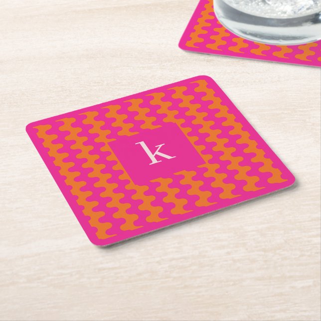 Monogram Hot Pink Orange Bold Wavy Pattern Square Paper Coaster (Angled)