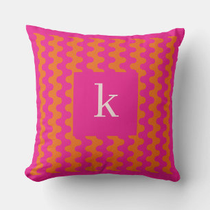 Monogram Hot Pink Orange Bold Wavy Pattern Throw Pillow