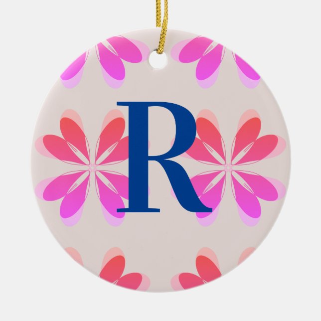Monogram Hot Pink Orange Retro Pattern Ceramic Ornament (Front)