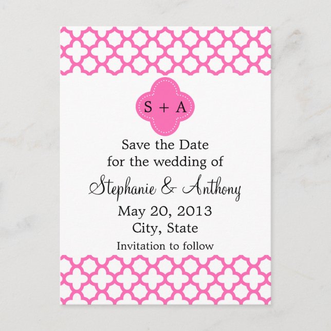 Monogram Hot Pink Quatrefoil Save the Date Announcement Postcard (Front)