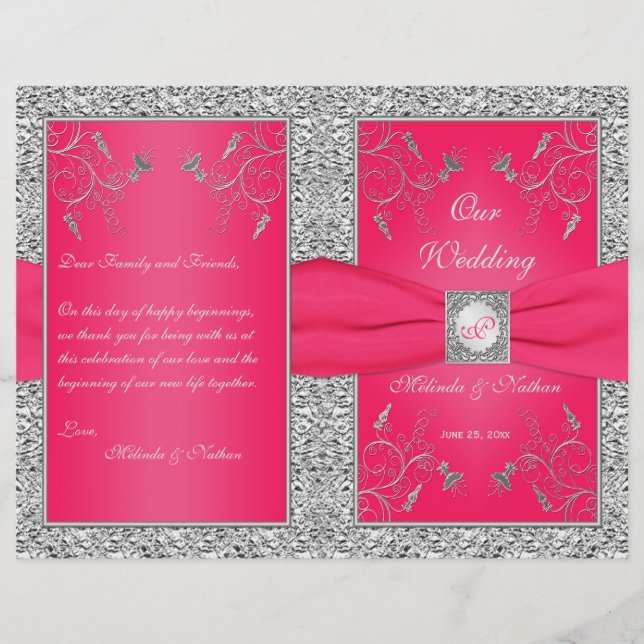 Monogram Hot Pink, Silver Floral Wedding Program (Front)
