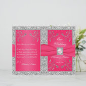 Monogram Hot Pink, Silver Floral Wedding Program (Standing Front)