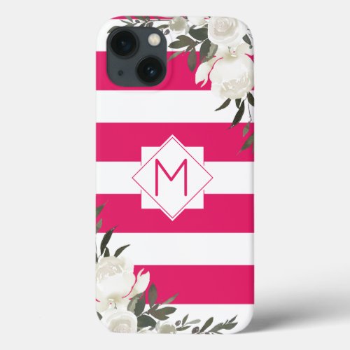 Monogram Hot Pink Striped Floral with White Roses iPhone 13 Case