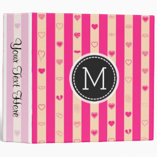 Monogram Hot Pink Stripes Elegant Modern Heart 3 Ring Binder