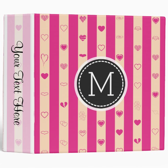 Monogram Hot Pink Stripes Elegant Modern Heart 3 Ring Binder (Front/Spine)