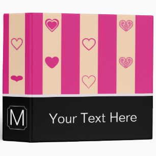 Monogram Hot Pink Stripes Modern Heart Pattern 3 Ring Binder