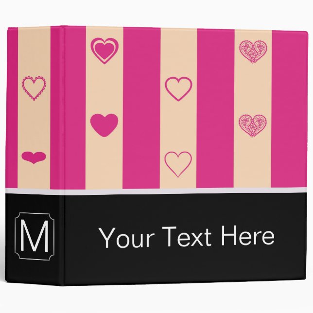 Monogram Hot Pink Stripes Modern Heart Pattern 3 Ring Binder (Front/Spine)