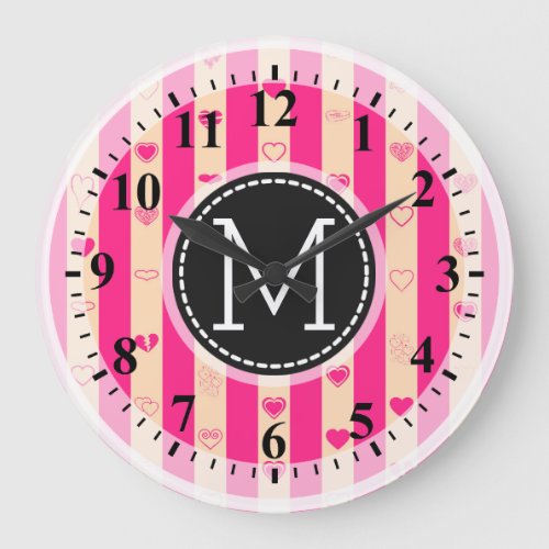 Monogram Hot Pink Stripes Modern Heart Pattern Large Clock