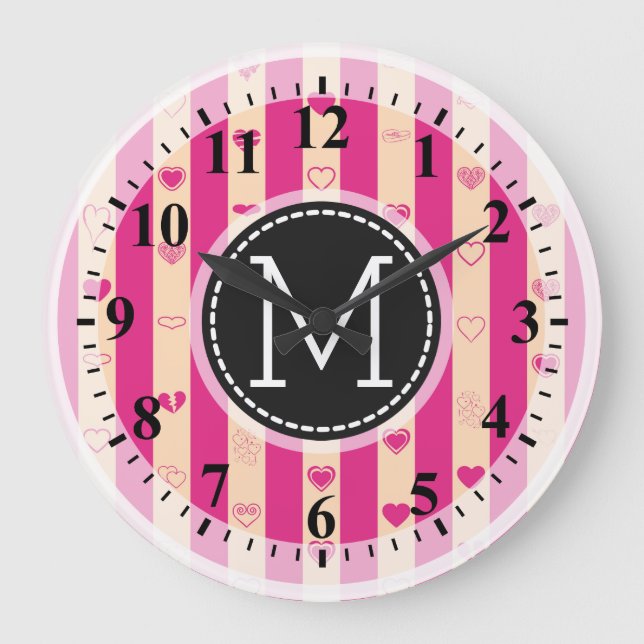 Monogram Hot Pink Stripes Modern Heart Pattern Large Clock (Front)