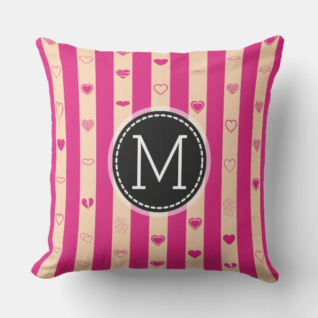 Monogram Hot Pink Stripes Modern Heart Pattern Throw Pillow (Front)