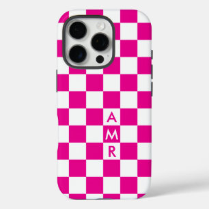 Monogram Hot Pink White Checkered Pattern iPhone 16 Pro Case