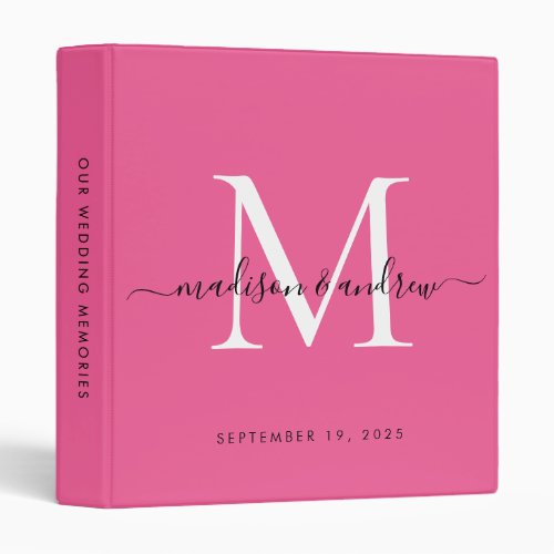 Monogram Hot Pink White Script Wedding Album 3 Ring Binder