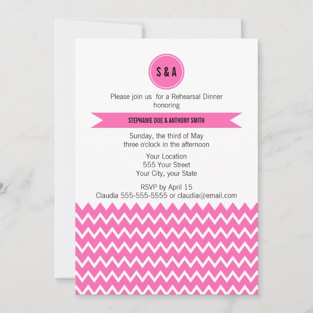 Monogram Hot Pink Zigzag Pattern Rehearsal Dinner Invitation (Front)