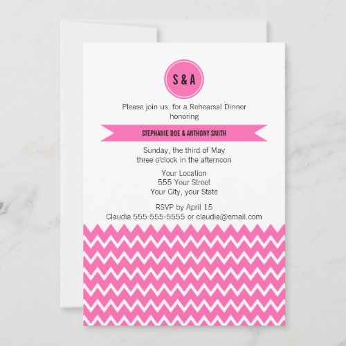 Monogram Hot Pink Zigzag Pattern Rehearsal Dinner Invites