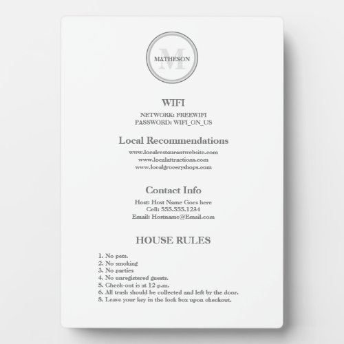 Monogram Hotel Guest Wifi and rules hospitality  Plaque