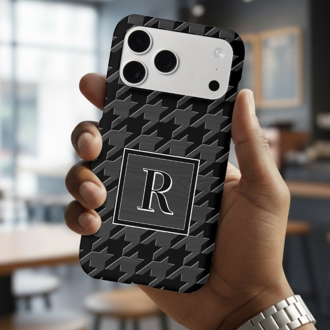Monogram Houndstooth Pattern Black & Grey Wood Iphone Case (Creator Uploaded)