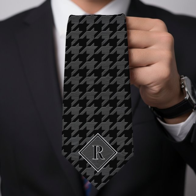 Monogram Houndstooth Pattern Black & Grey Wood Neck Tie (Monogram Houndstooth Pattern Black & Grey Wood Neck Tie
)
