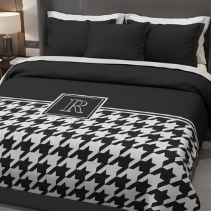Monogram Houndstooth Pattern Black & White Duvet Cover