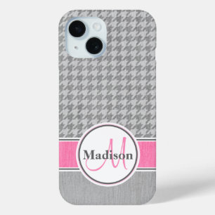 Monogram Houndstooth Pattern Grey and Pink iPhone 15 Case