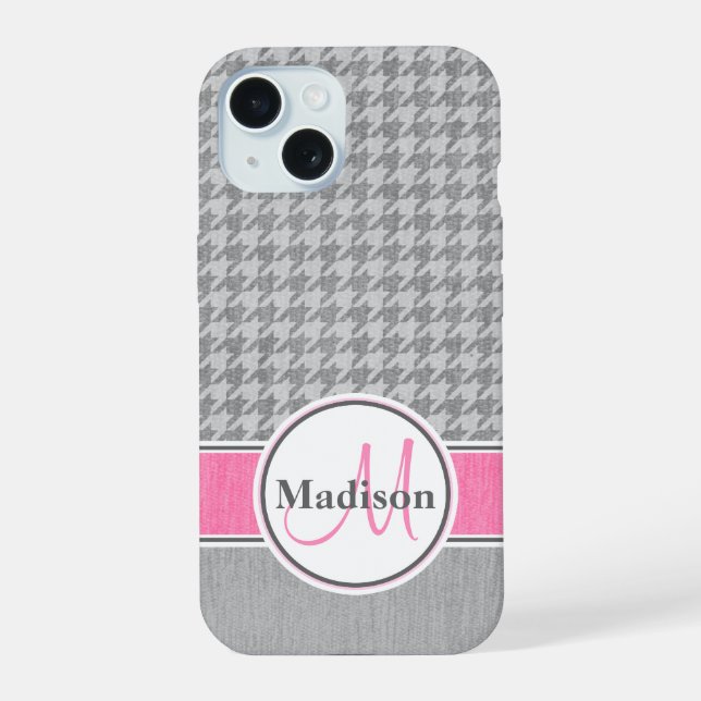 Monogram Houndstooth Pattern Grey and Pink Iphone Case (Back)