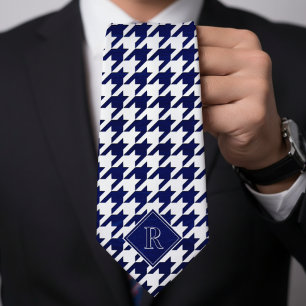 Monogram Houndstooth Pattern White & Blue Wood Neck Tie