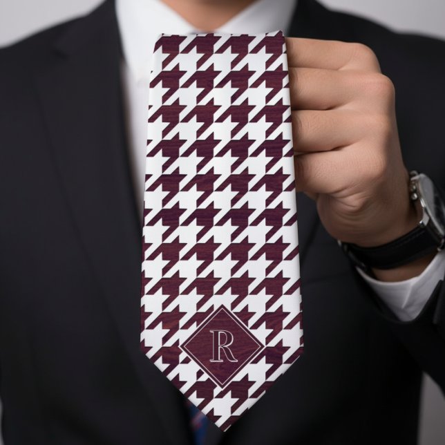 Monogram Houndstooth Pattern White & Burgundy Wood Neck Tie (Monogram Houndstooth Pattern White & Burgundy Wood Neck Tie
)