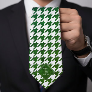 Monogram Houndstooth Pattern White & Green Wood Neck Tie