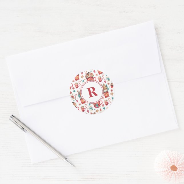 Monogram Houses & Sweets Pattern 1.5-in Classic Round Sticker (Envelope)
